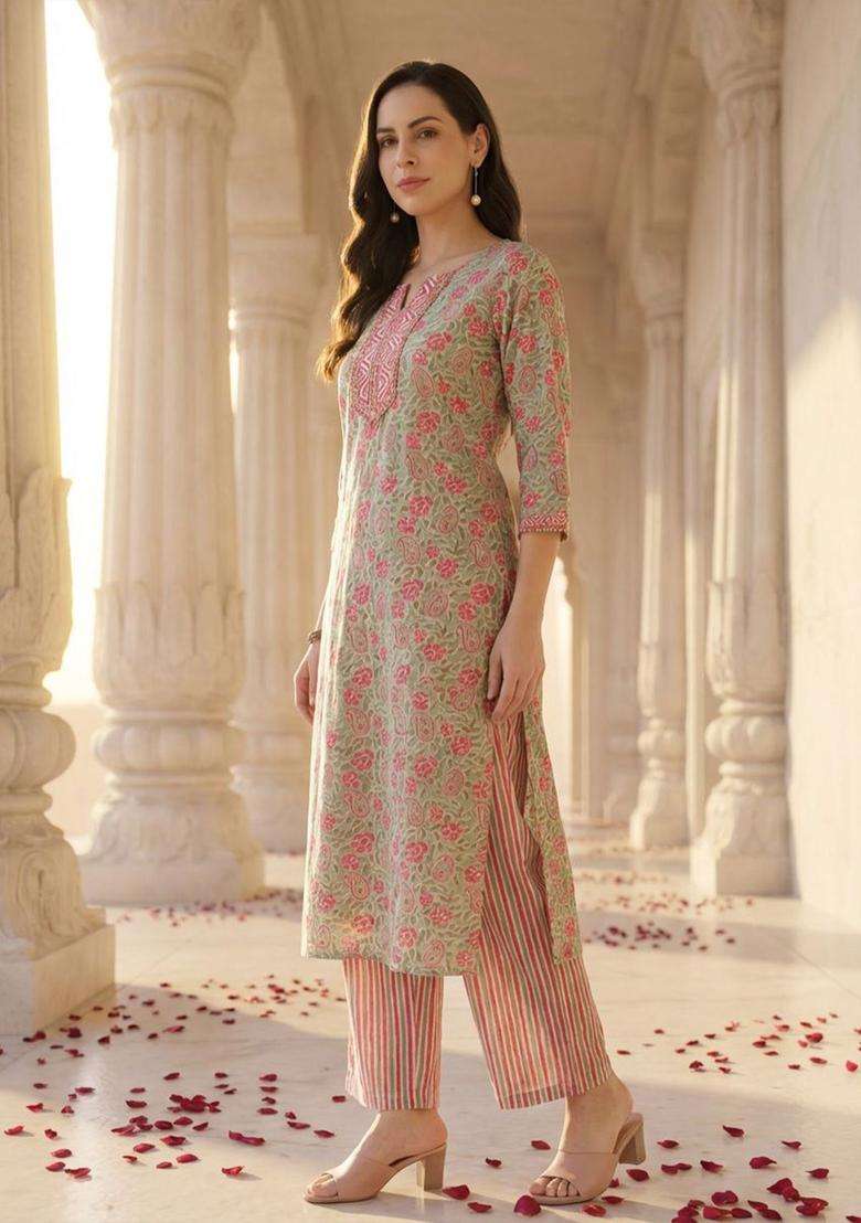 Green Printed Cotton Kurta Set - Indya