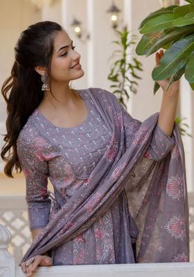 Purple Yoke Design Cotton Kurta Set