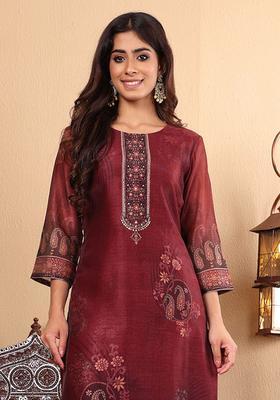 Maroon Printed Silk Blend Kurta Set