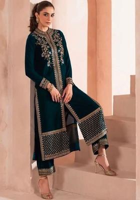 Teal Embroidered Velvet Kurta Set