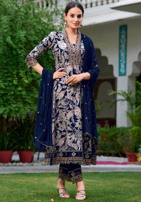 Navy Blue Printed Viscose Anarkali Set