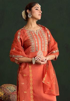 Rust Embroidered Silk Blend Kurta Set