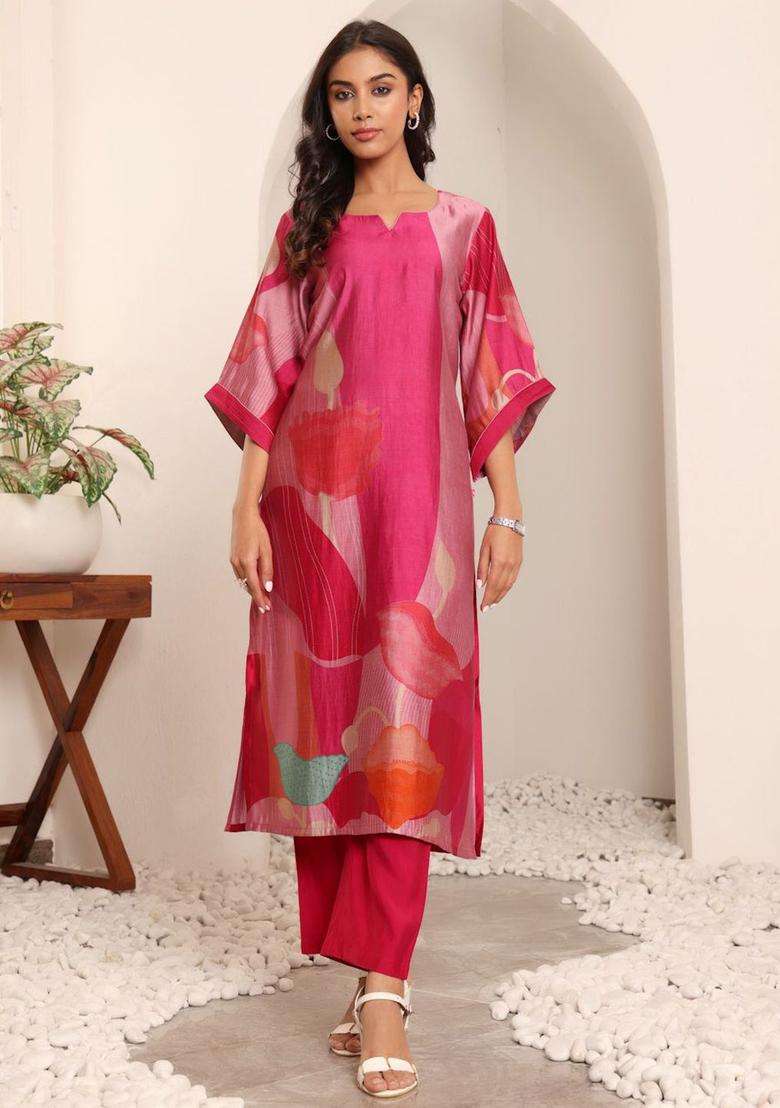 Fuchsia Printed Silk Blend Kurta Set - Indya