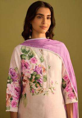 Off White Printed Linen Kurta Set