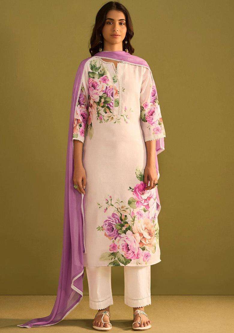 Off White Printed Linen Kurta Set - Indya