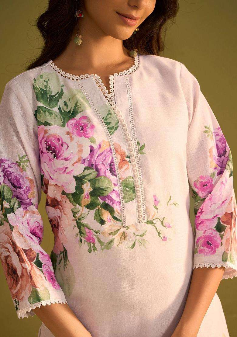 Off White Printed Linen Kurta Set - Indya
