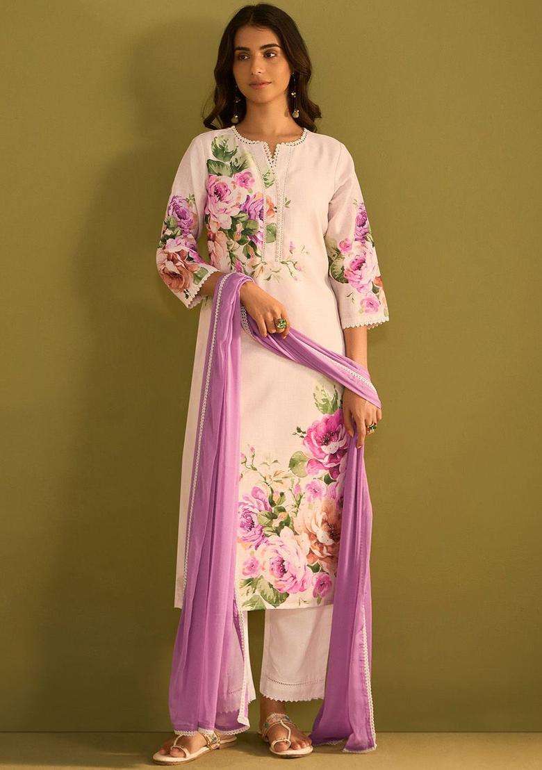 Off White Printed Linen Kurta Set - Indya