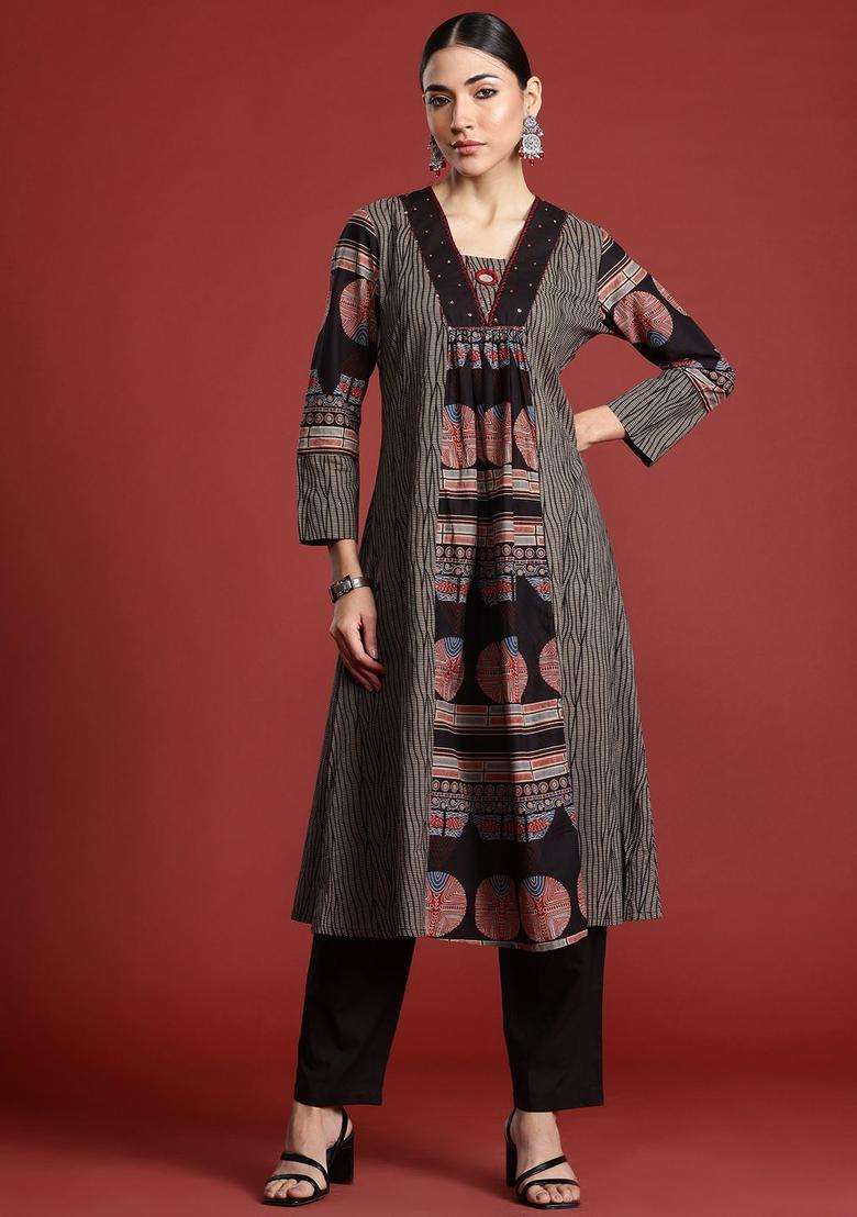 Multicolor Printed Cotton Kurta Set - Indya