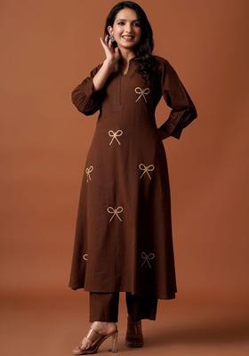Brown Embroidered Cotton Kurta Set