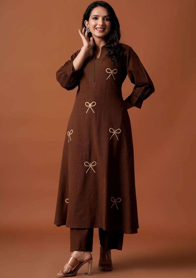 Brown Embroidered Cotton Kurta Set - Indya