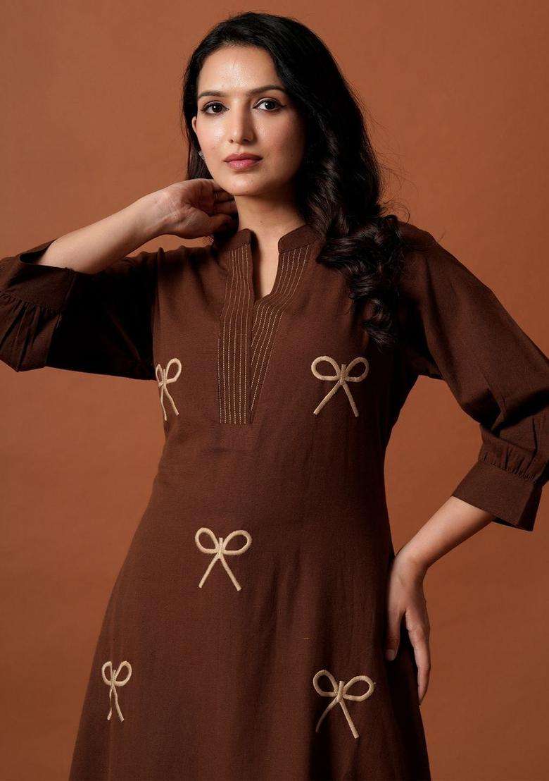 Brown Embroidered Cotton Kurta Set - Indya