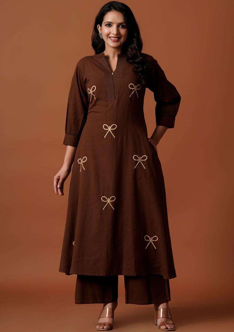 Brown Embroidered Cotton Kurta Set - Indya