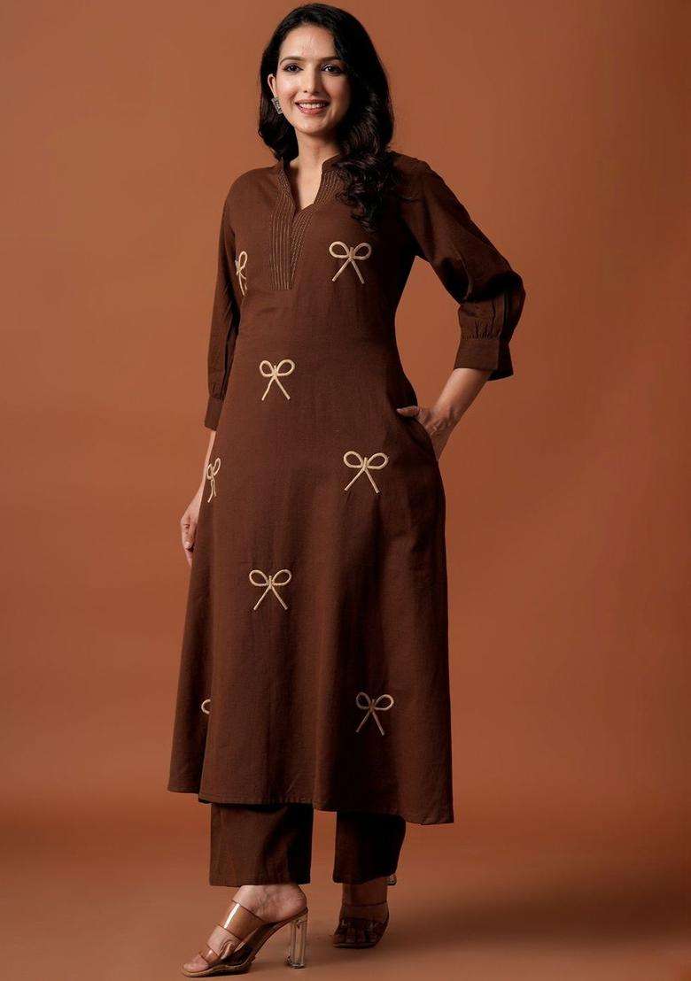 Brown Embroidered Cotton Kurta Set - Indya