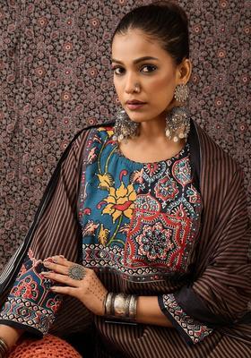 Brown Printed Cotton Kurta Set