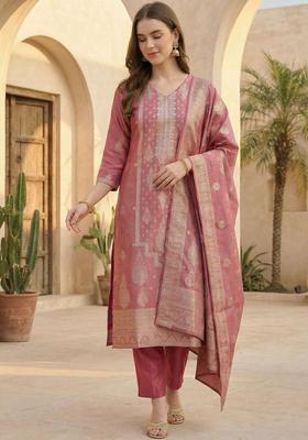 Peach Woven Design Silk Blend Kurta Set