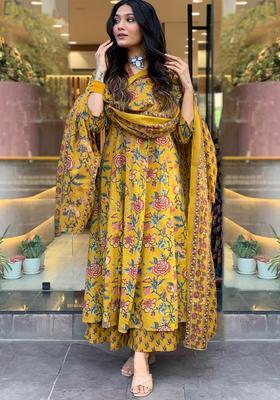 Yellow Printed Viscose Anarkali Set