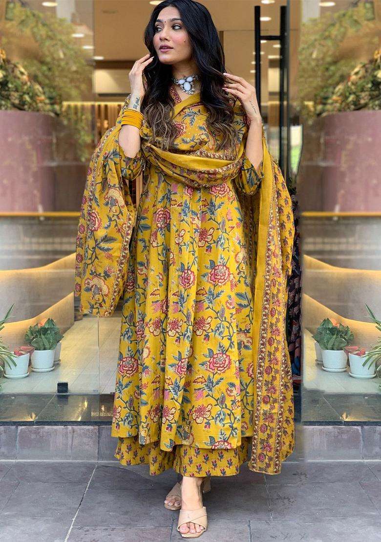 Yellow Printed Viscose Anarkali Set - Indya