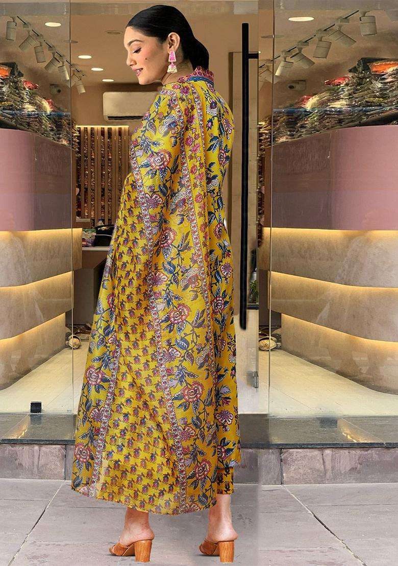 Yellow Printed Viscose Anarkali Set - Indya
