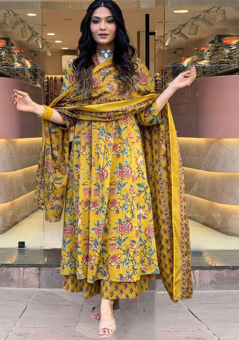 Yellow Printed Viscose Anarkali Set - Indya