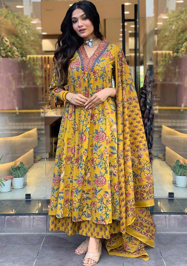 Yellow Printed Viscose Anarkali Set - Indya
