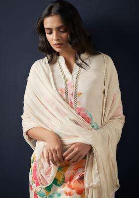 Off White Printed Linen Kurta Set