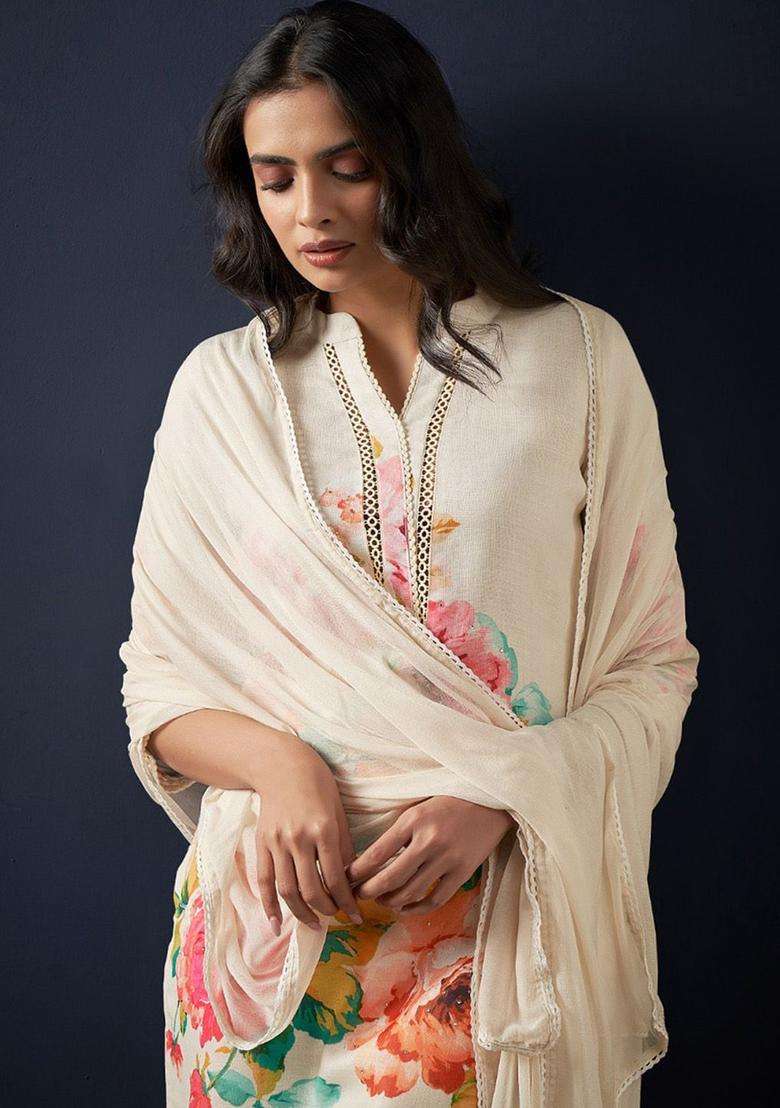 Off White Printed Linen Kurta Set - Indya