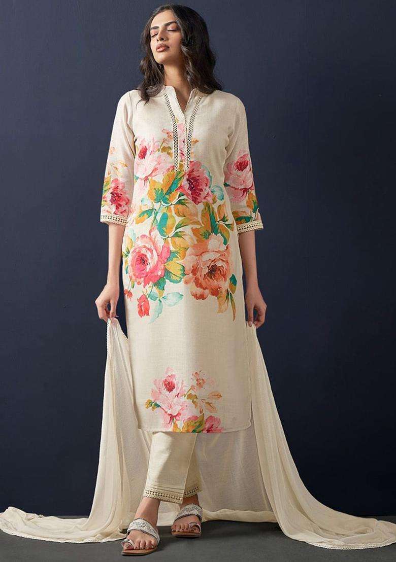 Off White Printed Linen Kurta Set - Indya