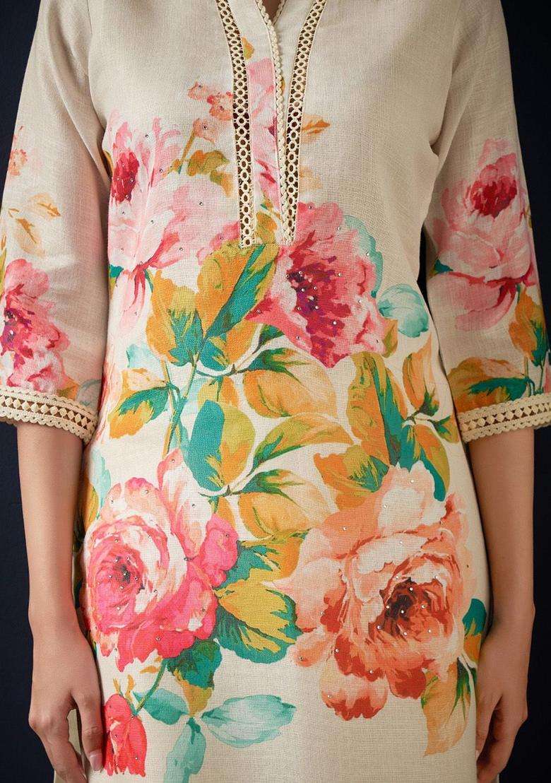 Off White Printed Linen Kurta Set - Indya