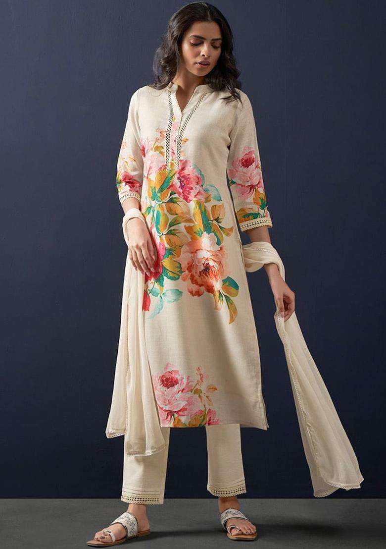 Off White Printed Linen Kurta Set - Indya