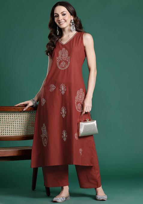 Maroon Embroidered Cotton Kurta Set