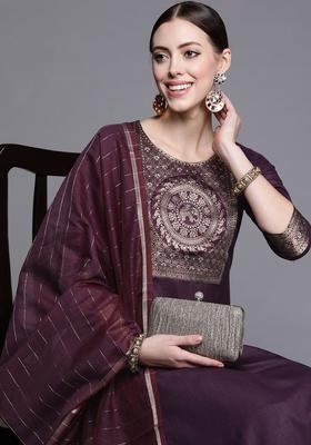 Purple Yoke Design Cotton Kurta Set
