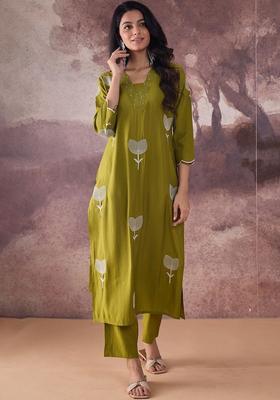Olive Embroidered Silk Blend Kurta Set