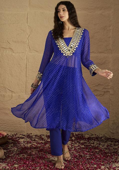 Blue Printed Georgette Kurta Set — view on Indya