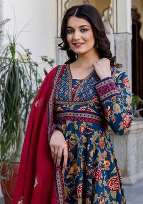 Navy Blue Printed Cotton Kurta Set