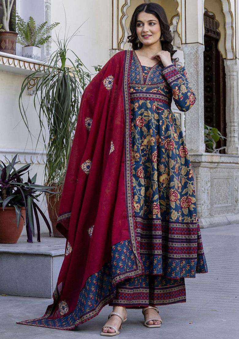 Navy Blue Printed Cotton Kurta Set - Indya