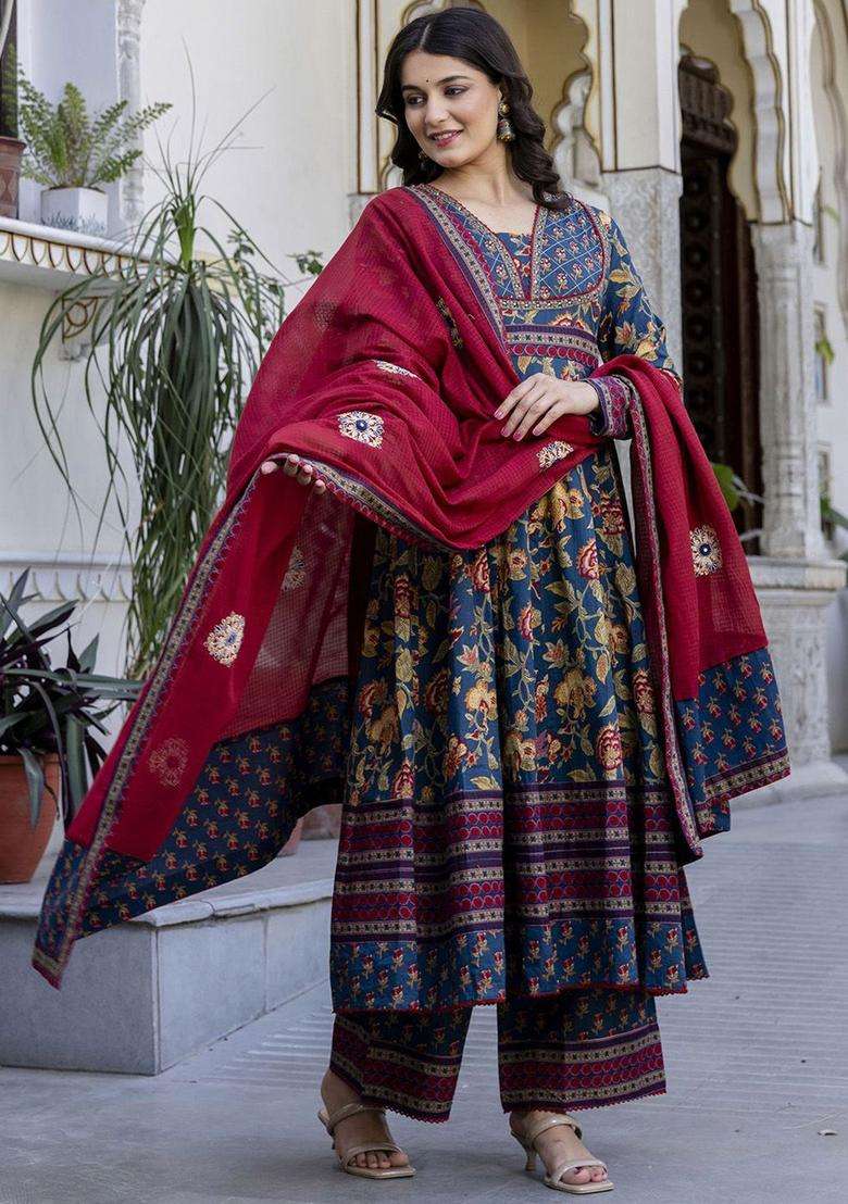 Navy Blue Printed Cotton Kurta Set - Indya