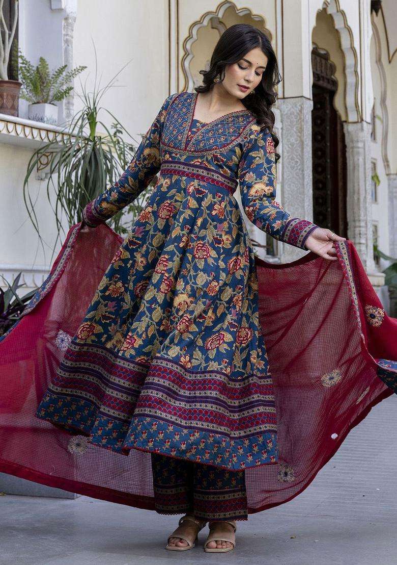Navy Blue Printed Cotton Kurta Set - Indya