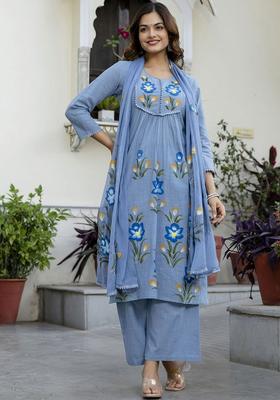 Turquoise Blue Printed Cotton Kurta Set