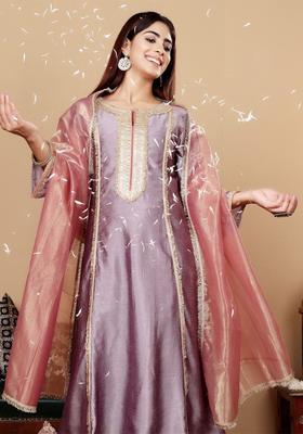 Lavender Embroidered Silk Anarkali Set