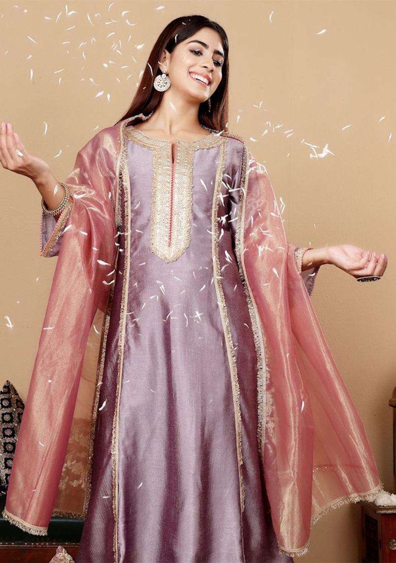 Lavender Embroidered Silk Blend Anarkali Set - Indya
