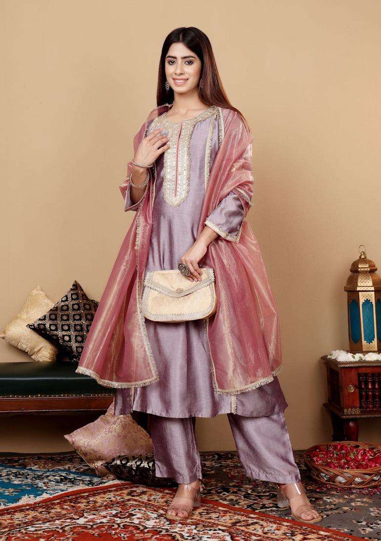 Lavender Embroidered Silk Blend Anarkali Set - Indya