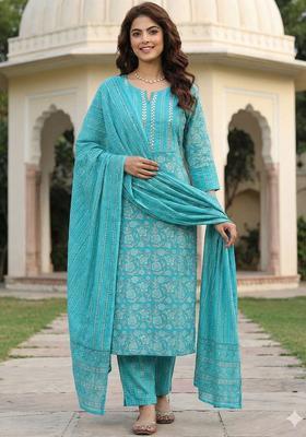 Turquoise Blue Printed Cotton Kurta Set