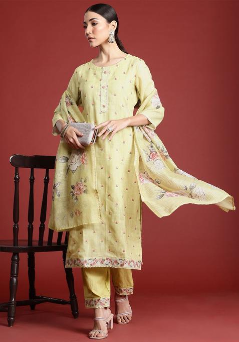 Yellow Embroidered Linen Kurta Set — view on Indya