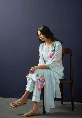 Blue Printed Linen Kurta Set
