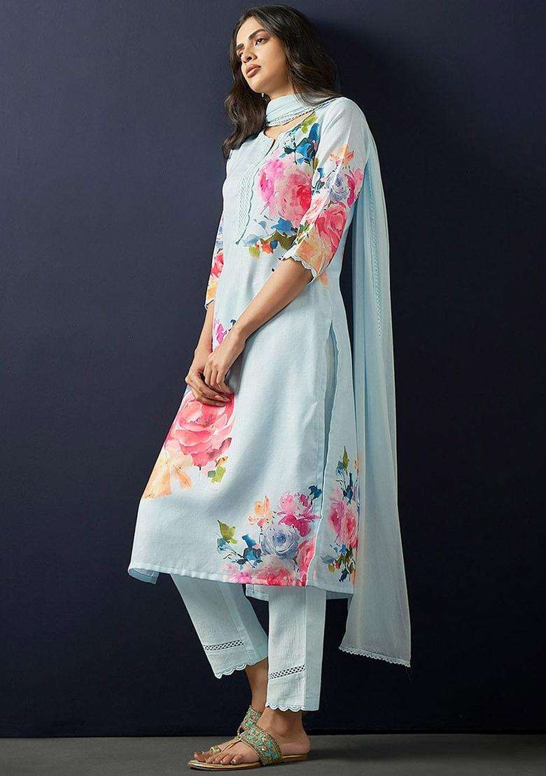 Blue Printed Linen Kurta Set - Indya