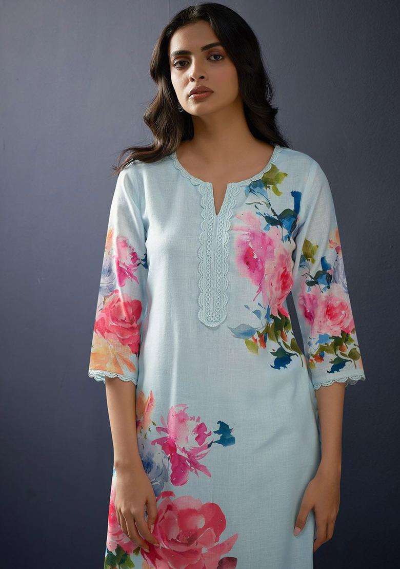 Blue Printed Linen Kurta Set - Indya