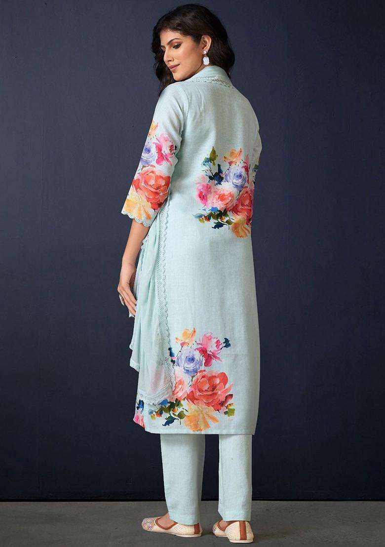 Blue Printed Linen Kurta Set - Indya