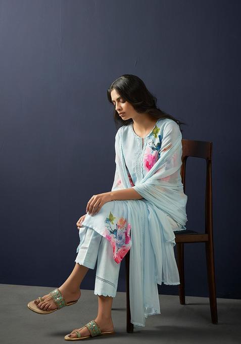 Blue Printed Linen Kurta Set — view on Indya