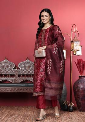 Maroon Printed Silk Blend Kurta Set