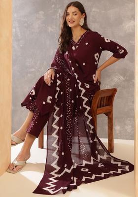 Burgundy Printed Cotton Kurta Set